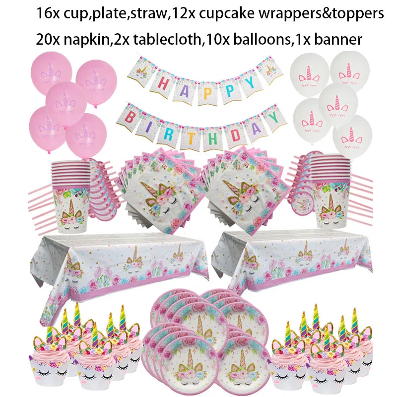 Unicorn-Party-Supplies-Kids-1st-Birthday-Decor-Paper-Cups-Plates-Tablecloth-Napkin-Banner-Cake-Topper-Baby