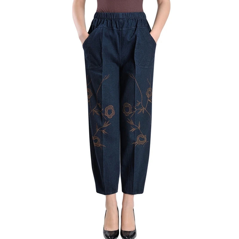 

Summer Women Harem Pants Jeans Mom Plus Size Trousers Lady Casual High Elastic Waist Loose Embroidery Denim Pants For Female