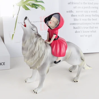 

Hand Carved Resin Crafts New Cartoon Decoration Light Luxury Home Girl Riding Wolf Interior Decoration Character Decoration