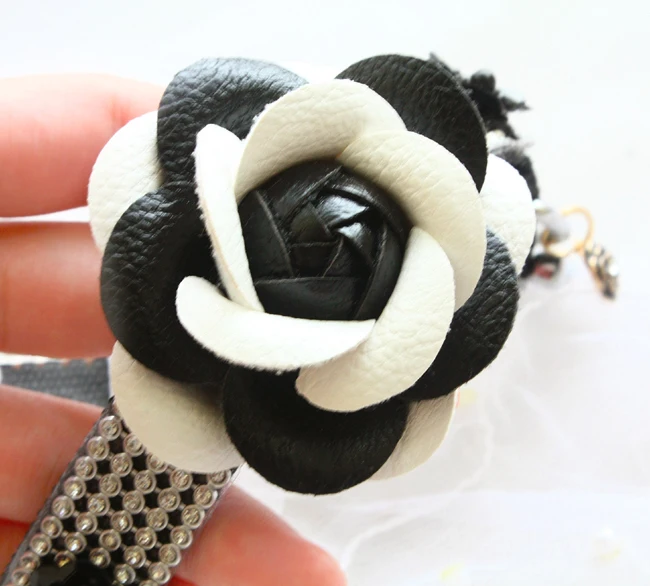 Ошейник и поводок для собаки набор черно-белый Классический Камелия bling имитация бриллиантов ожерелье для домашних животных аксессуары