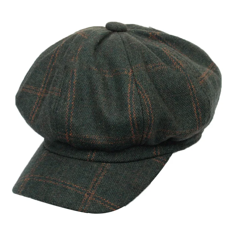 Винтажный Стиль Женская кепка газетчика 8 панель головной убор в клетку шапка, сезон осень-зима темно-зеленый черный серый
