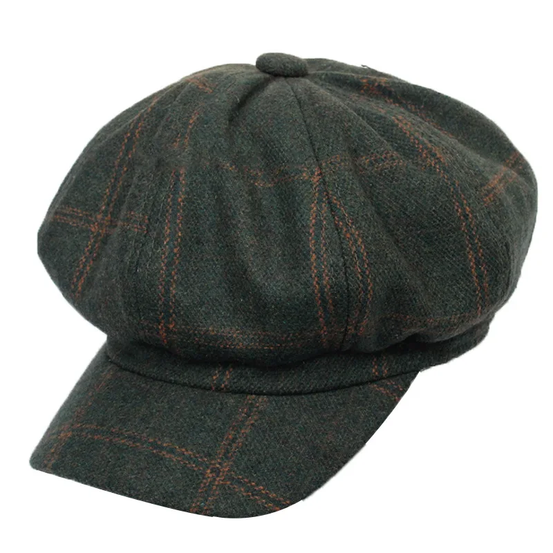 

Vintage Style Women's Newsboy Cap 8 Panel Plaid Beret Hat Autumn Winter Dark Green Black Grey