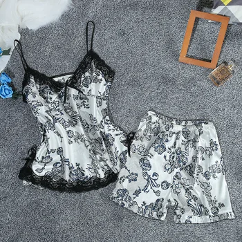 

2020 New Fashion Women's Sleepwear Sexy Satin Pajama Set Print Lace V-Neck Pyjama Sleeveless Cute Cami Top and Shorts Pajama set