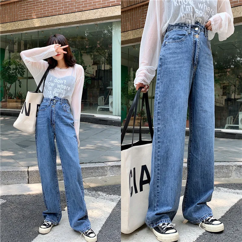 S-xl 2 цвета Весна и осень корейский шик стиль женские Нерегулярные Джинсовые Брюки Высокая талия джинсы для женщин прямые брюки(Z8731
