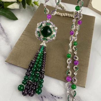 

High Fashion Luxury Zircon Necklace For Women Party Wedding Green Crystal Gorgeous Elegance Tassel Pendant Chain Fine Jewelry