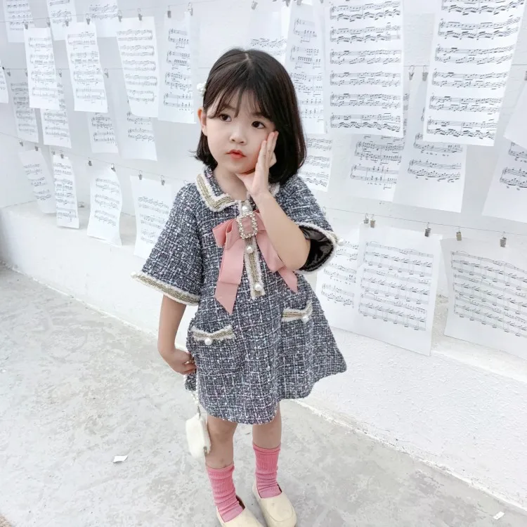

New Korean little CC style fashion Short sleeved woolen dress with peal decoration for girls