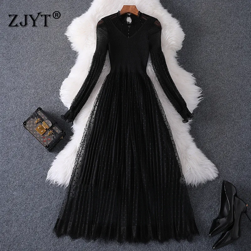 Осенне-зимнее платье женская одежда модные дизайнерские кружевные лоскутные Вечерние платья до середины икры с длинным рукавом черного цвета XXL
