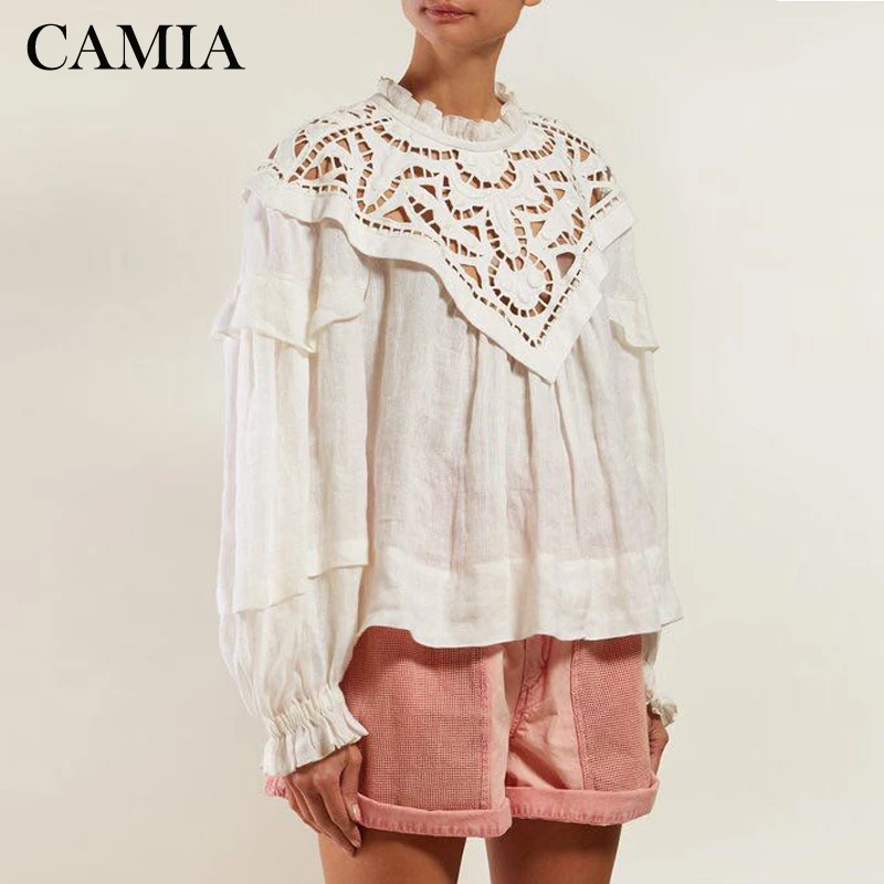

CAMIA openwork embroidery lace patchwork loose long-sleeved shirt 2019 ladies fashion shirt top