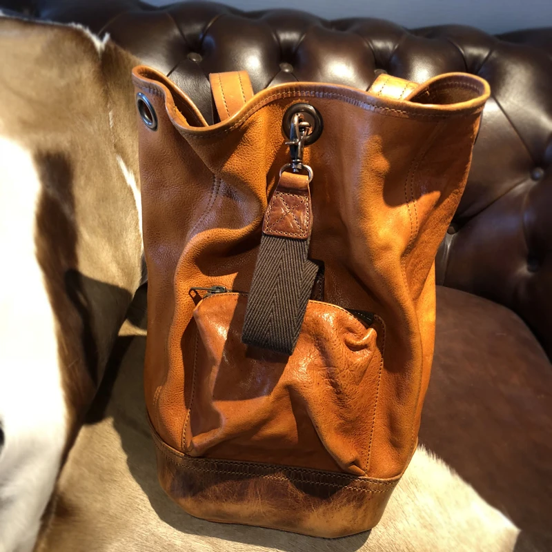 Растительного дубления кожаный мужской рюкзак из натуральной кожи ретро рюкзаки в форме ведра мужская сумка
