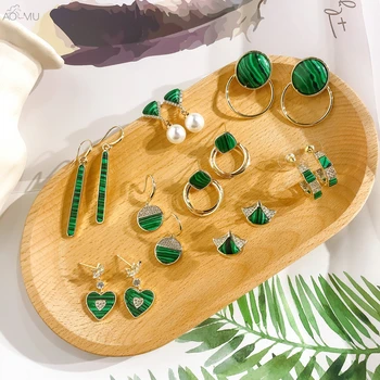 

AOMU S925 Sterling Silver Pin Green Stripe Geometric Crystal Malachite Round Pearl Rhinestone Metal Dangle Drop Earirngs Women