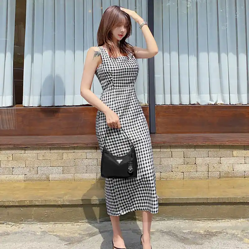 Plaid Long Dress For Women Summer Sleeveless Square Neck Korea Sundress Ladies Sexy One Piece Maxi Dresses Dresses Aliexpress