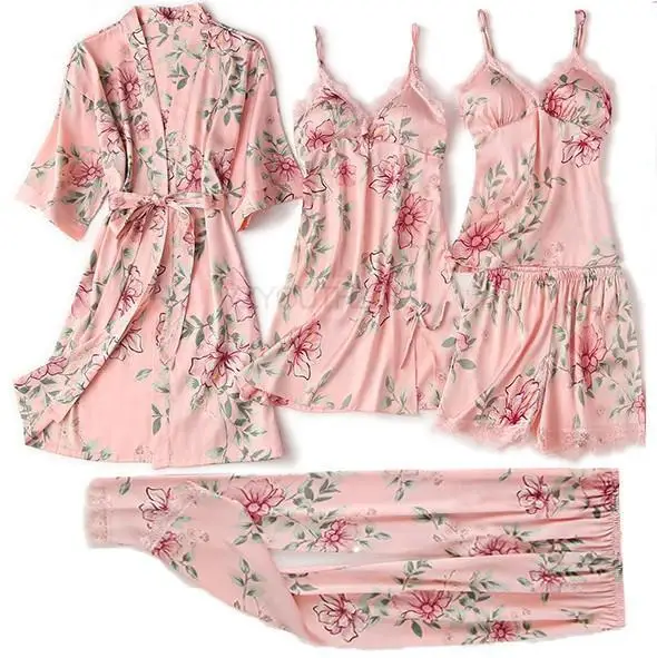 Pajama Set Women Lace Trim Satin Sleepwear Pyjamas Pour Femme Summer Nightwear With Pants Casual Home Wear Kimono Robe Gown PJS Pink D