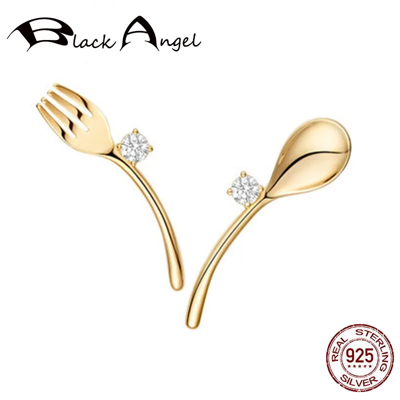 

Hot Sale 925 Sterling Silver Minimalist Tableware Earrings for Women Fine Jewelry Asymmetric CZ Spoon Fork Stud Earrings