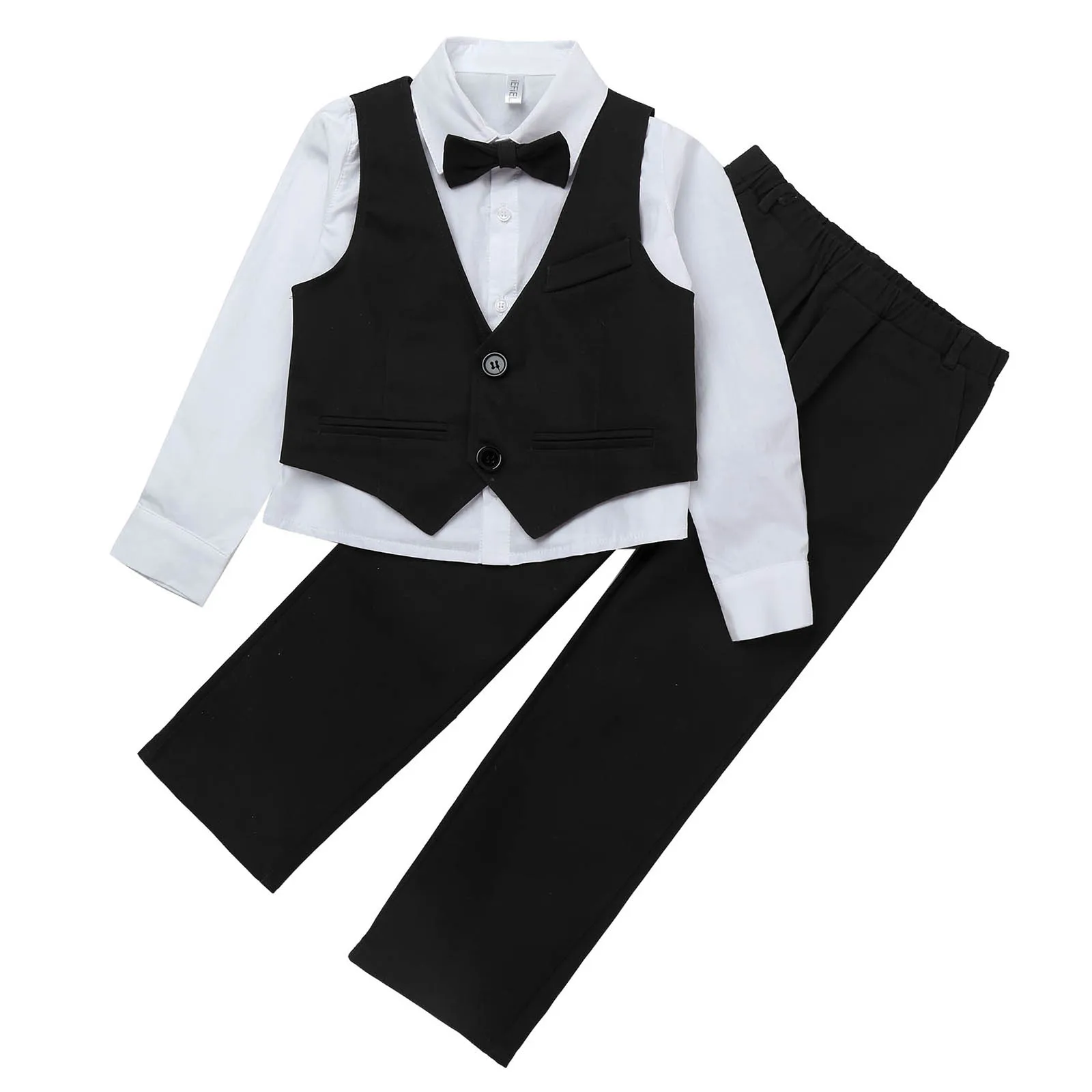 Boys Gentleman Suits 2023 Lapel Neck Long Sleeve Shirt Vest Pants Sets for Birthday Wedding Formal Party Childrens Clothes Suits