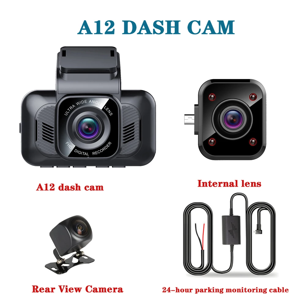 A12-RVC-lens-24 pm Камера видеонаблюдения Aiba A12 Night Vision Автомобильная камера с тремя объективами и Wi-Fi G-Sensor 24 часа Парковка Мониторинг Loop Recording 1296P автомобильный видеорегистратор видеорегистратор регистратор - Название цвета: A12-RVC-lens-24 pm