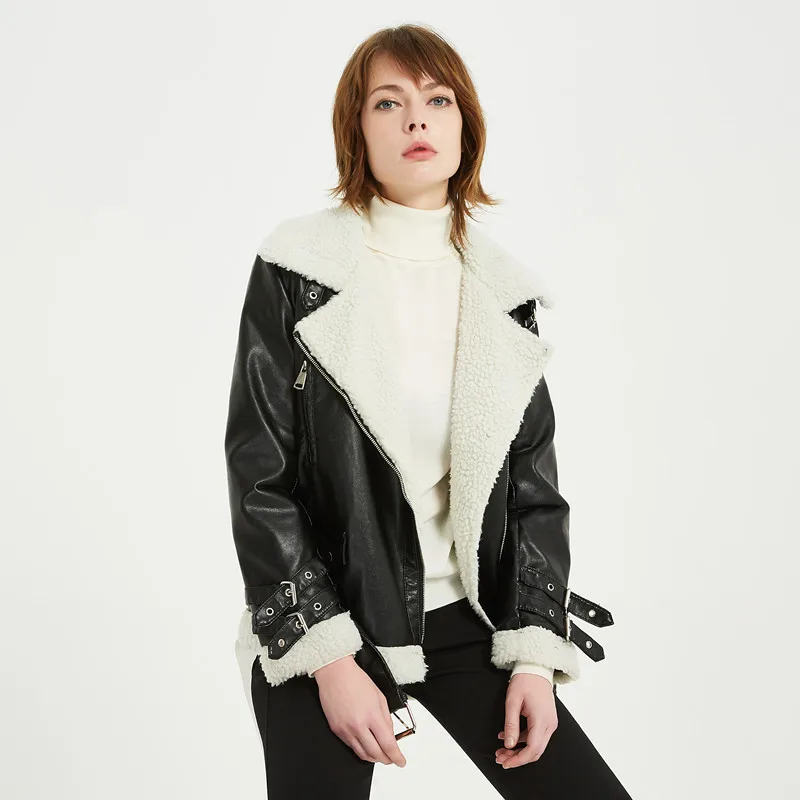 Зимние женские куртки из овчины кожаные толстые Jaqueta De Couro мотоциклетные искусственные меховые кожаные куртки пальто для женщин Лидер продаж - Цвет: Черный