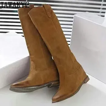 

Inner Wedge Knee high Boots Suede Leather Round toe High Heel Boots Winter Fashion Long Boots female shoes