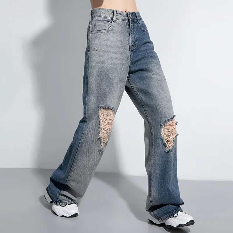 Fashion Ladies Wide Leg Pants Summer Clothes Water Washed Hole Jeans Streetwear Trousers S M L XL Size Cowboy Female | Женская одежда