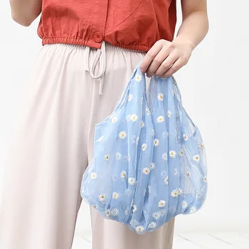 

Cute little daisy handbag simple small fresh mesh hand bag net red double embroidered canvas female bag hand bag Women Flowers