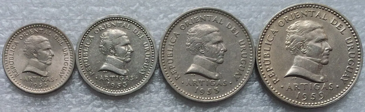 Уругвай 1953 монета 1.2.5.10 центов полный набор 4 шт резьбой Unc подлинный оригинальный
