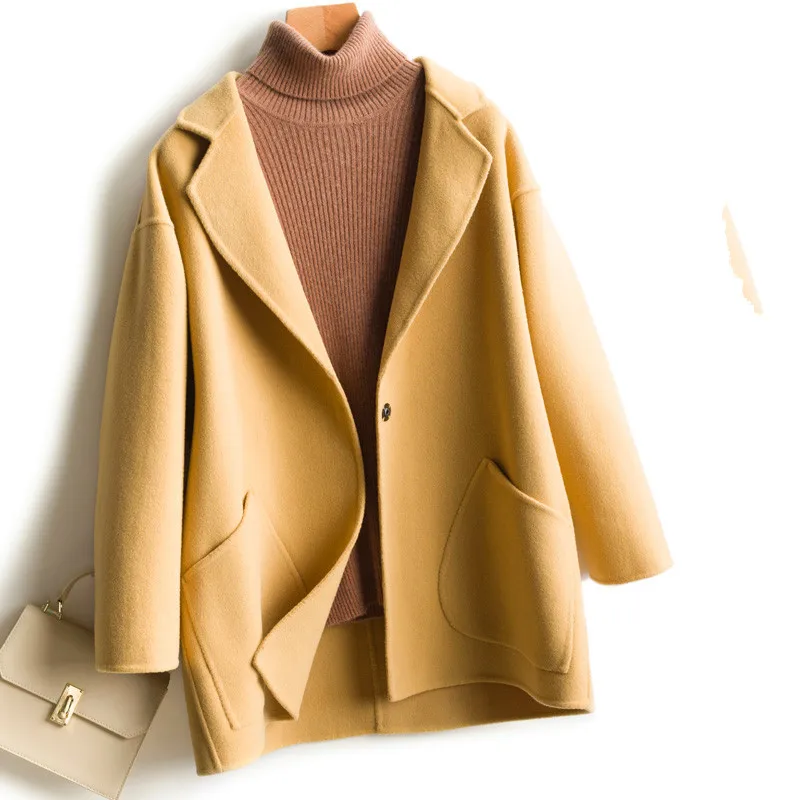 

Autumn Winter Loose Medium Long Double Sided Cashmere Wool Jacket Women Outwear Korean Office Lady Single Button 100% Wool Coat