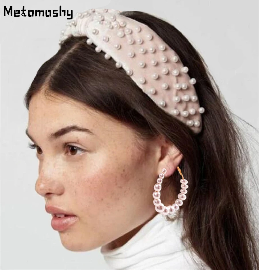 

2019 Women Fashion Pearls Headband with Pearl Drop Earring Solid Elastic Cross Knot Headbands for Girls Hair Accessories