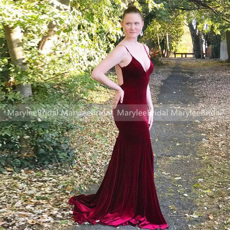 Sexy Deep V-neck Evening Dress With Open Back Velvet вечернее платье Long Formal Party Gowns Burgundy Prom Gown vestido de noche |