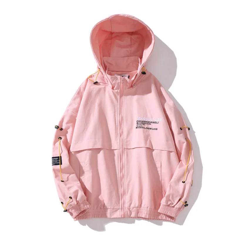 Harajuku буквы Embroid куртка мужская хип хоп Уличная куртка с капюшоном Ветровка Весна Япония воротник Мандарин жакет пальто толстовка с капюшоном