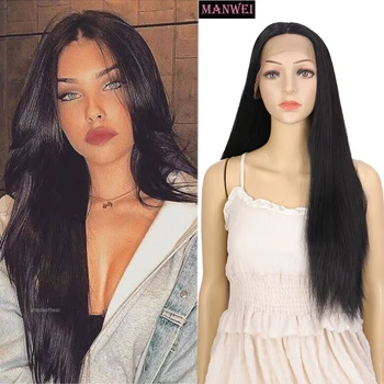 

MANWEI Synthetic Lace wig Pure Black Synthetic Lace Front Soft Wig Female Long Straight Hair Cosplay Daily Dinner Party Wed