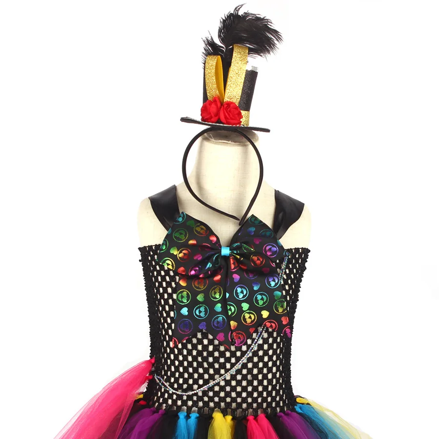 Colorful Mad Hatter Inspired Girls Tutu Dress with Headband Alice Wonderland Halloween Costume Children Carnival Party Dress (7)