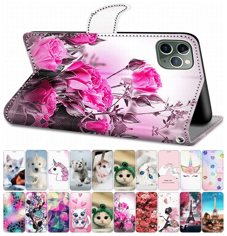 Чехол-книжка для Huawei P30 Lite Pro кожаный с рисунком волка Льва кота собаки единорога