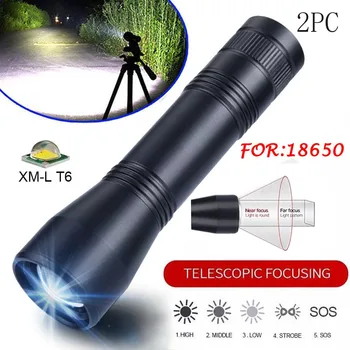 

2PC T6 Military LED Flashlight Torch Zoomable 5-Mode For 18650 Battery Household Family Home Accessories Dropshipping New