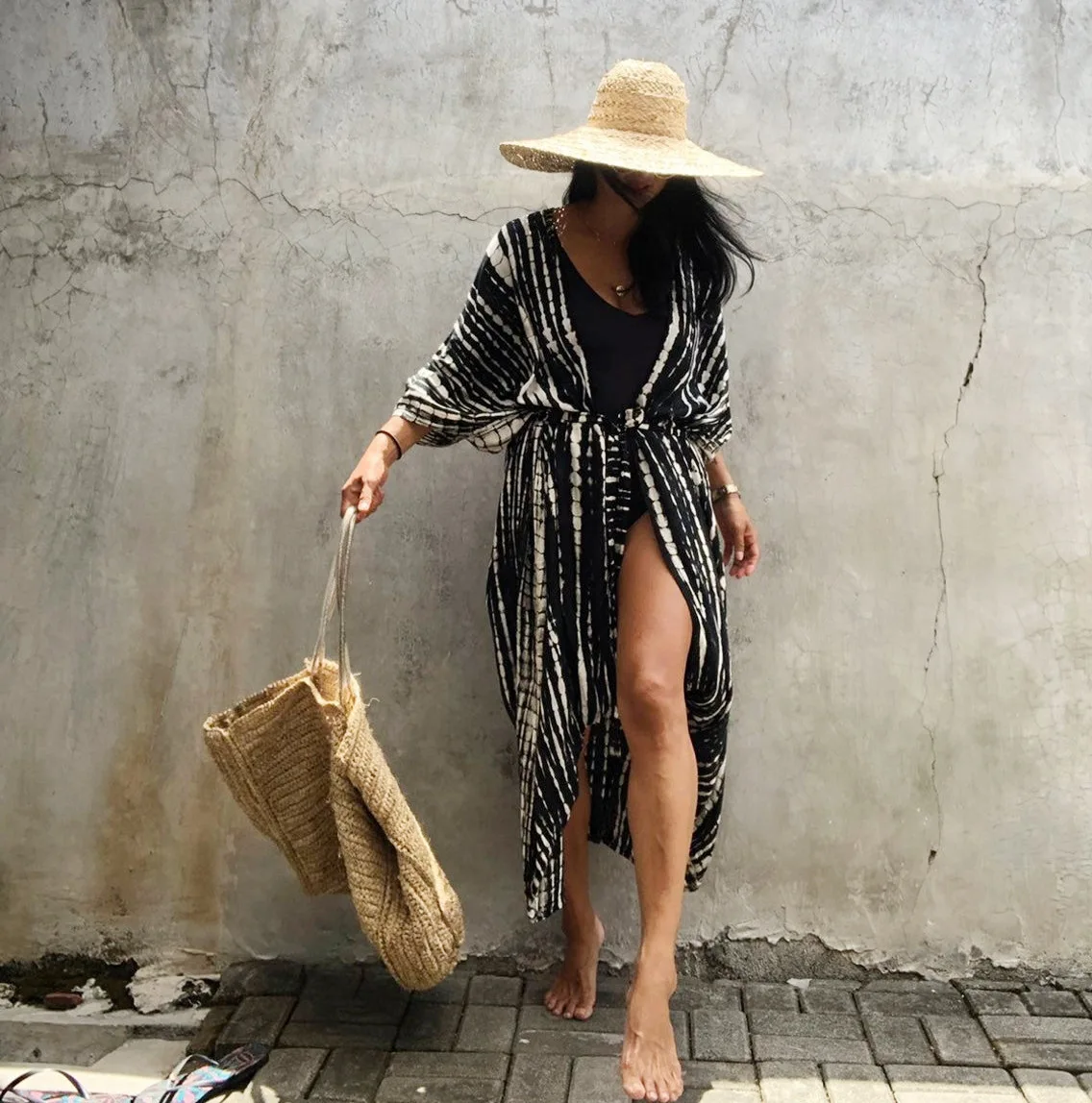 2021 New Women's Beach Cover Ups Rayon Black and White Pad Dyeing Cardigans Dress Swimsuit Sundress Oversized Holiday Dress white bikini cover up