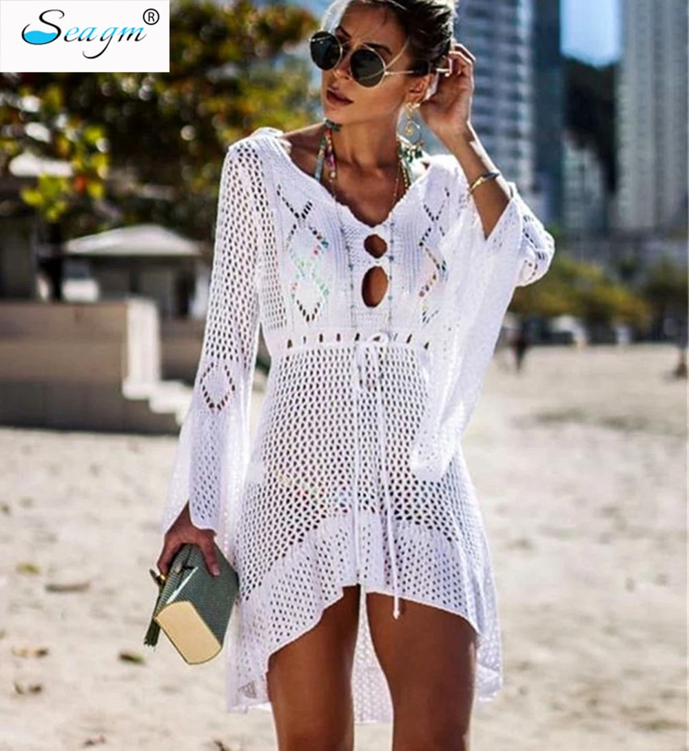 

2019 Sexy Summer Women Beach Wear Crochet Swimwear Swimsuit Bikini Cover Up Solid9 Colors Beachwear Long Cover-Ups 336
