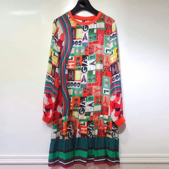 

100% Silk Dress Women Runway Fashion Casual Wide Dress Print Day Time Women