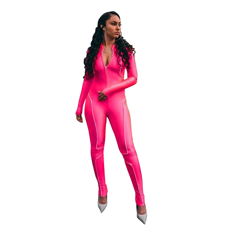 

Fitness Reflective Striped Rompers Womens Jumpsuit Sexy Fashion Neon Pink Autumn 2019 Jumpsuits Long Sleeve Active Wear bodysuit