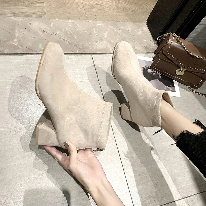 

5570, D5570 Short Boots Women's Boots Single Boots Elasticity Chunky-Heel Fashion Winter Versatile 2019 New Style Pointed-Toe Zi