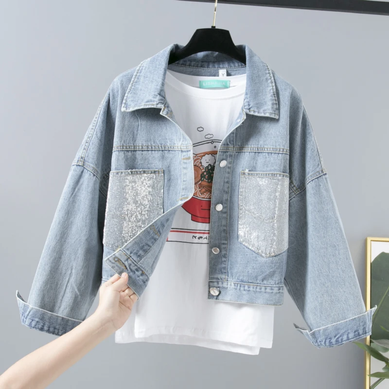

Spring Autumn Loose Double Pocket Hot Drilling Vintage Jeans Jacket Women Long sleeve Casual Short Denim Jacket Outerwear Female