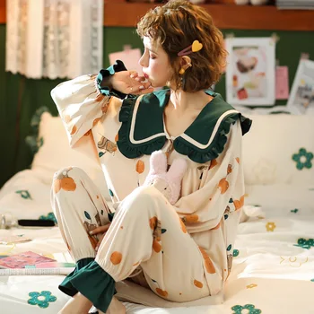 

Pajamas Women's Spring and Autumn New Lapel Cardigan Long-Sleeved Pajamas Set Doll Collar Combed Cotton Fashion Leisure Tops