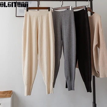 

2020 Autumn and Winter Women Knitted Harem Pants New High-waist Solid Warm Loose Beam Pants Leisure Trousers for Female