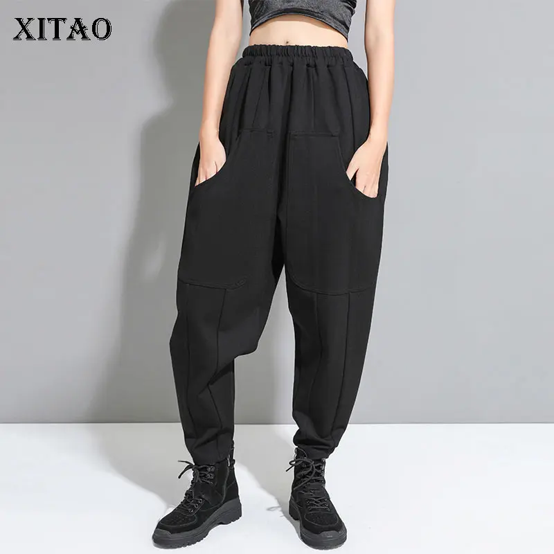 

XITAO High Waist Black Full Length Pants Women Pleated Elastic Waist Elegant Pocket 2019 Autumn Wind Cold Harem Pants WQR1903