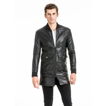 

HCXY Men's Long Leather Coat Jacket 2019 Men Leather Trench Coat Male Casual Fashion Windbreaker big pockets zipper rib sleeve