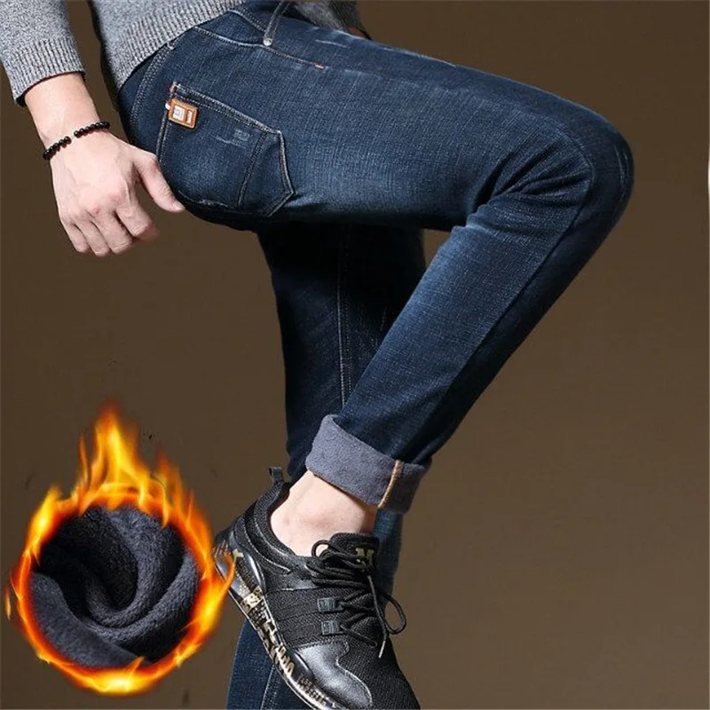 Winter Thermal Warm Stretch Jeans Mens Winter Quality Famous Brand Fleece Pants Men Straight Flocking Trousers Jeans Male