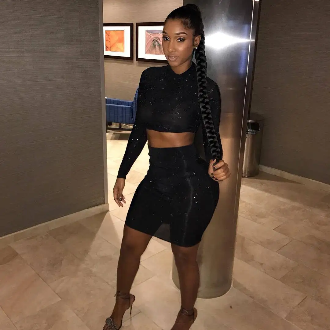 SKMY Vacation Outfits Sexy Mesh Diamonds See-Through Long Sleeve Crop Top And Mini Skirt Nightclub Suit Two Piece Set Women