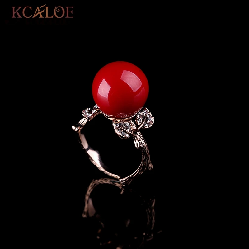 KCALOE красная Коралловая Серьга, наборы свадебных ювелирных изделий, роскошный кристалл, кубический цирконий, розовое золото, винтажное резное кольцо, ювелирный набор