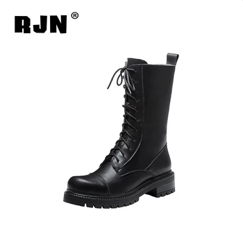 

RJN New Stylish Ankle Boots High Quality Cow Leather Round Toe Square Low-heel Lace-up Women Shoes Boots White RO195