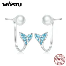 WOSTU, настоящее 925 пробы, серебряные, синие, Русалочка, рыбий хвост, серьги-гвоздики для женщин, жемчуг и циркон, серьги, обручение, ювелирное изделие CQE761