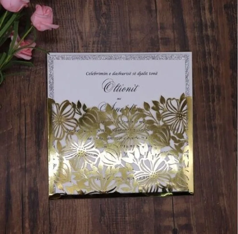 50pcs Laser Cut Wedding Invitations Glitter Lace Hollow Flora Elegant Invites Cards For Marriage