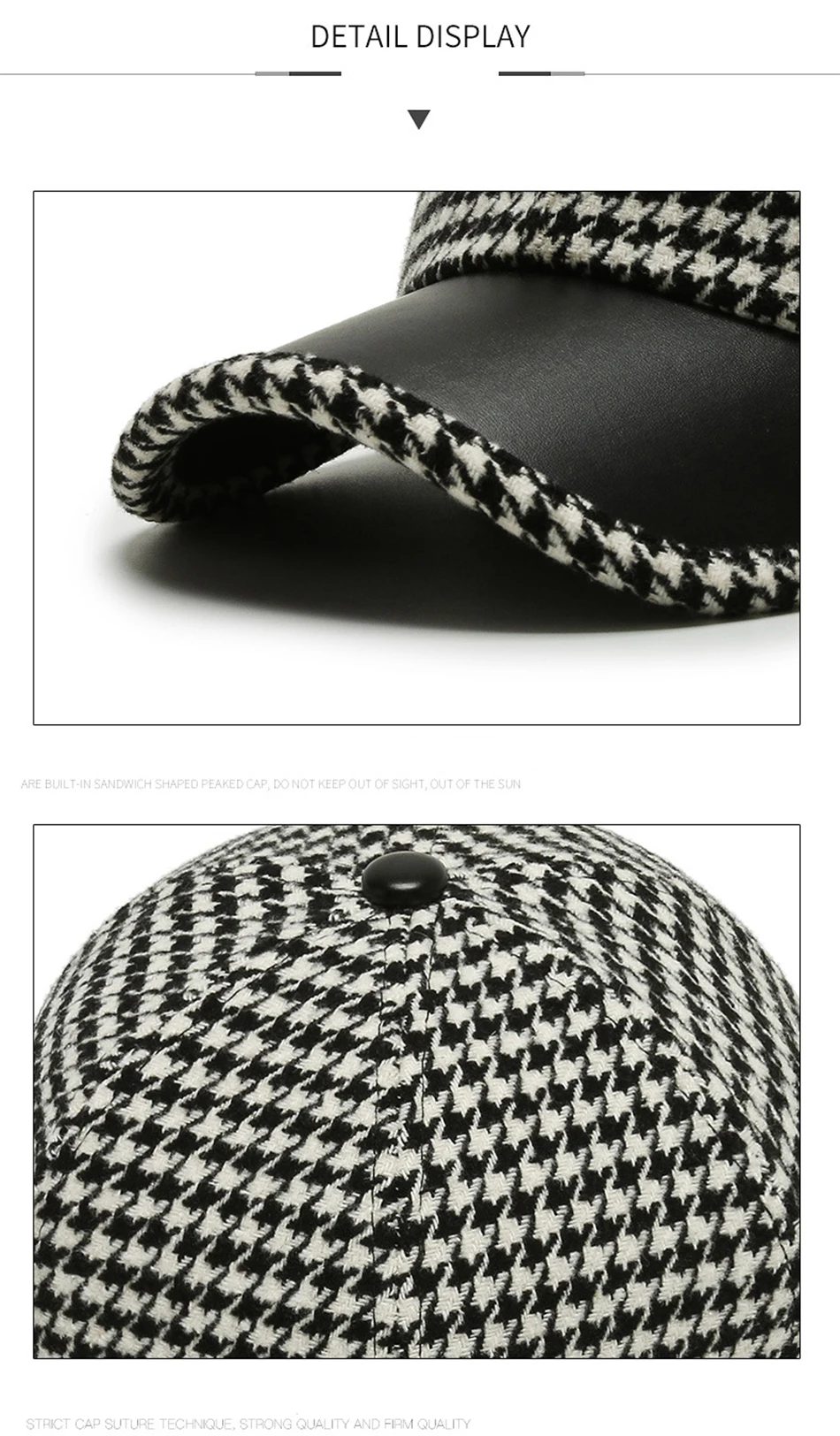 (c) - Gorras hombre boné de beisebol do inverno do inverno do chapéu da xadrez do estilo britânico retro dos homens dos bonés de beisebol do houndstooth do preto de fs 2021