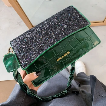 

Bling Sequins Square Bag For Women 2020 Crocodile Pattern Shoulder Bag Small Crossbody Bag Patent PU Leather Handbag Purse